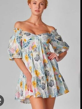 Lena Blue Floral Off Shoulders Cotton Mini Dress S